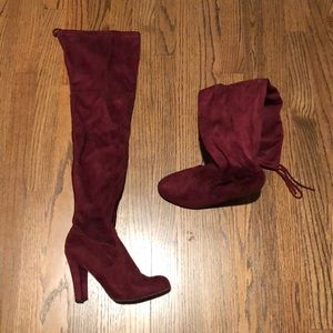 Red velvet thigh high boots